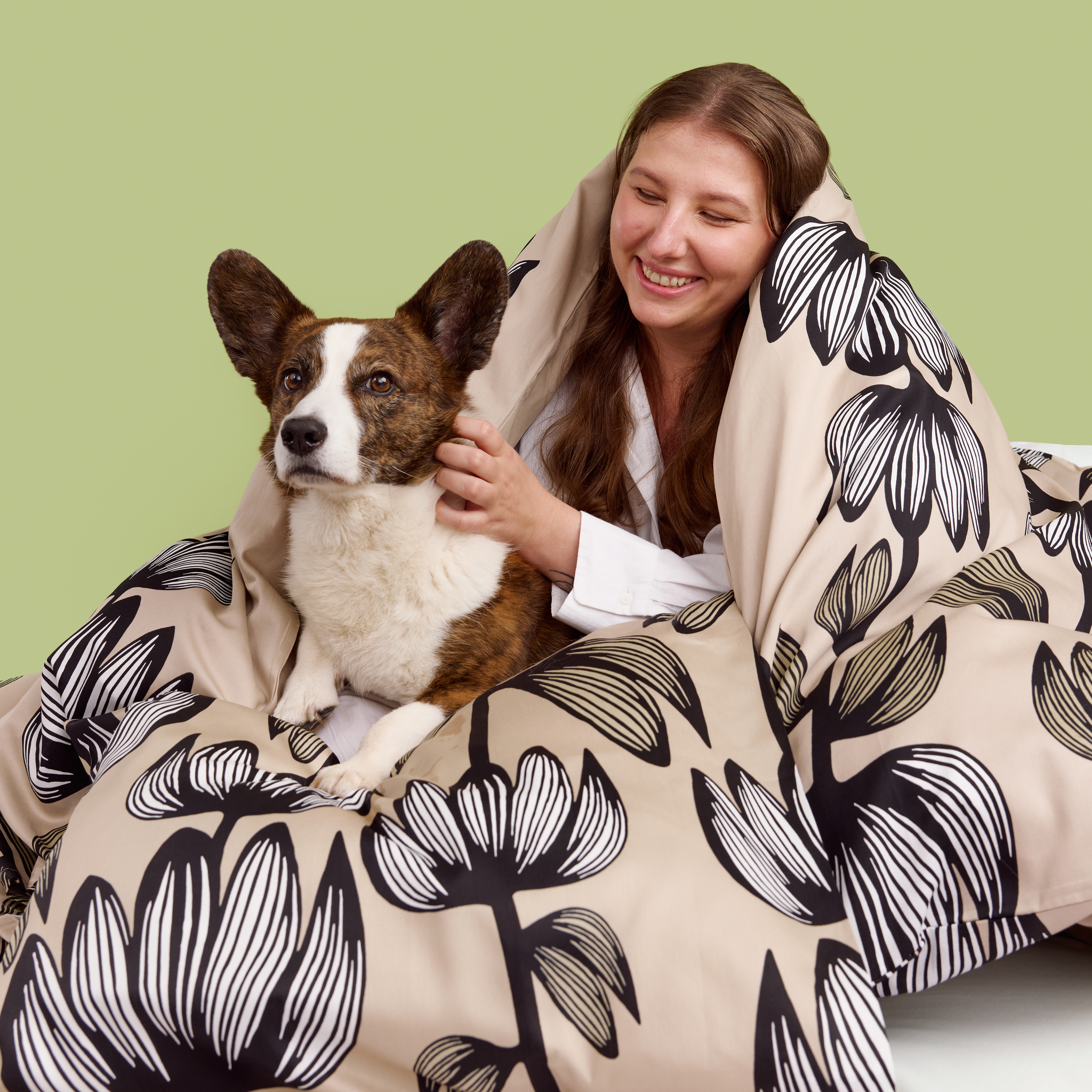 60712-4908-15-06; Finlayson Alma Sateen Duvet Cover Set Beige / Green / 150x210 + 50x60 cm 