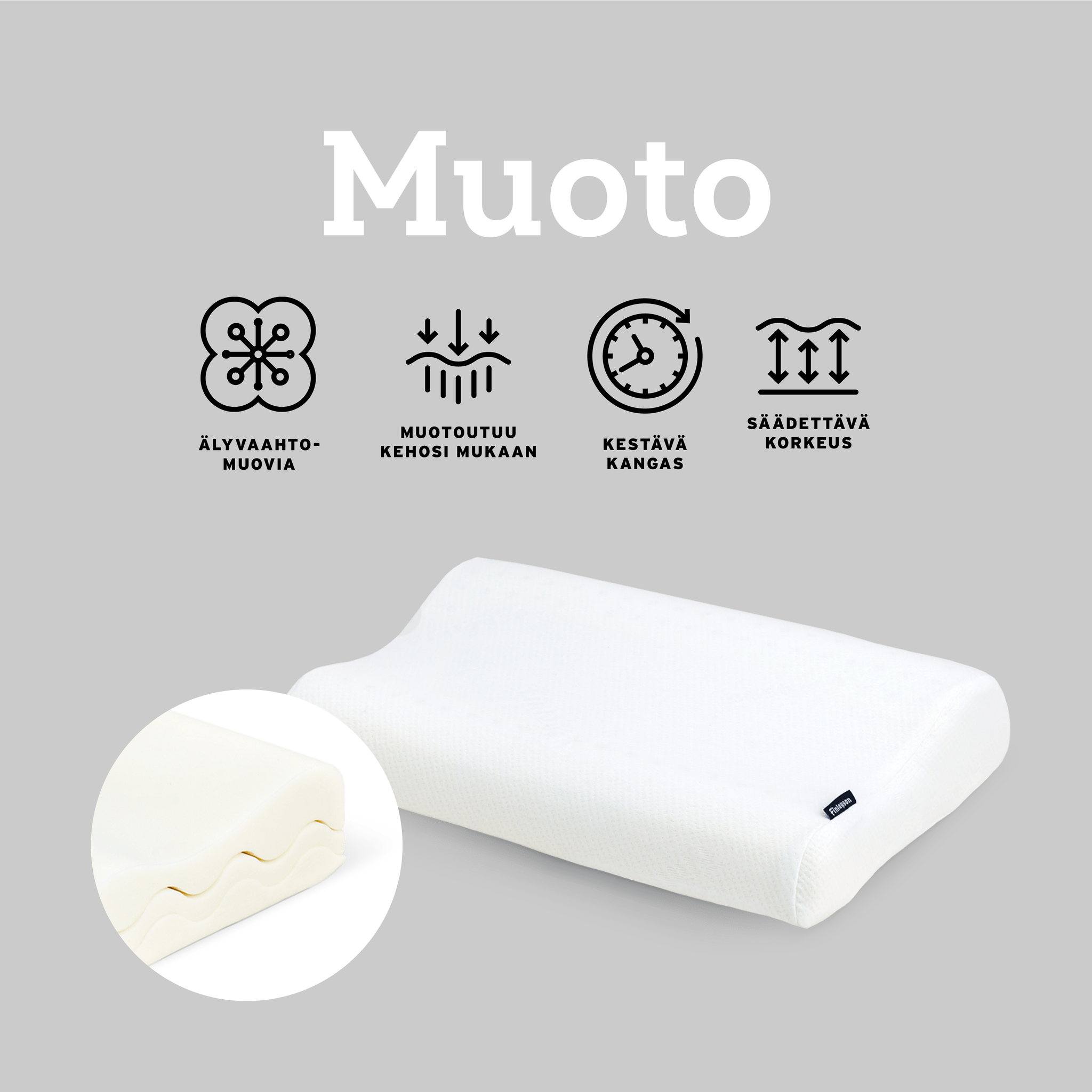 40020-0404-01-06_3; Finlayson Muoto Adjustable Ergonomic Pillow White / 50x40 x 13/11 cm 