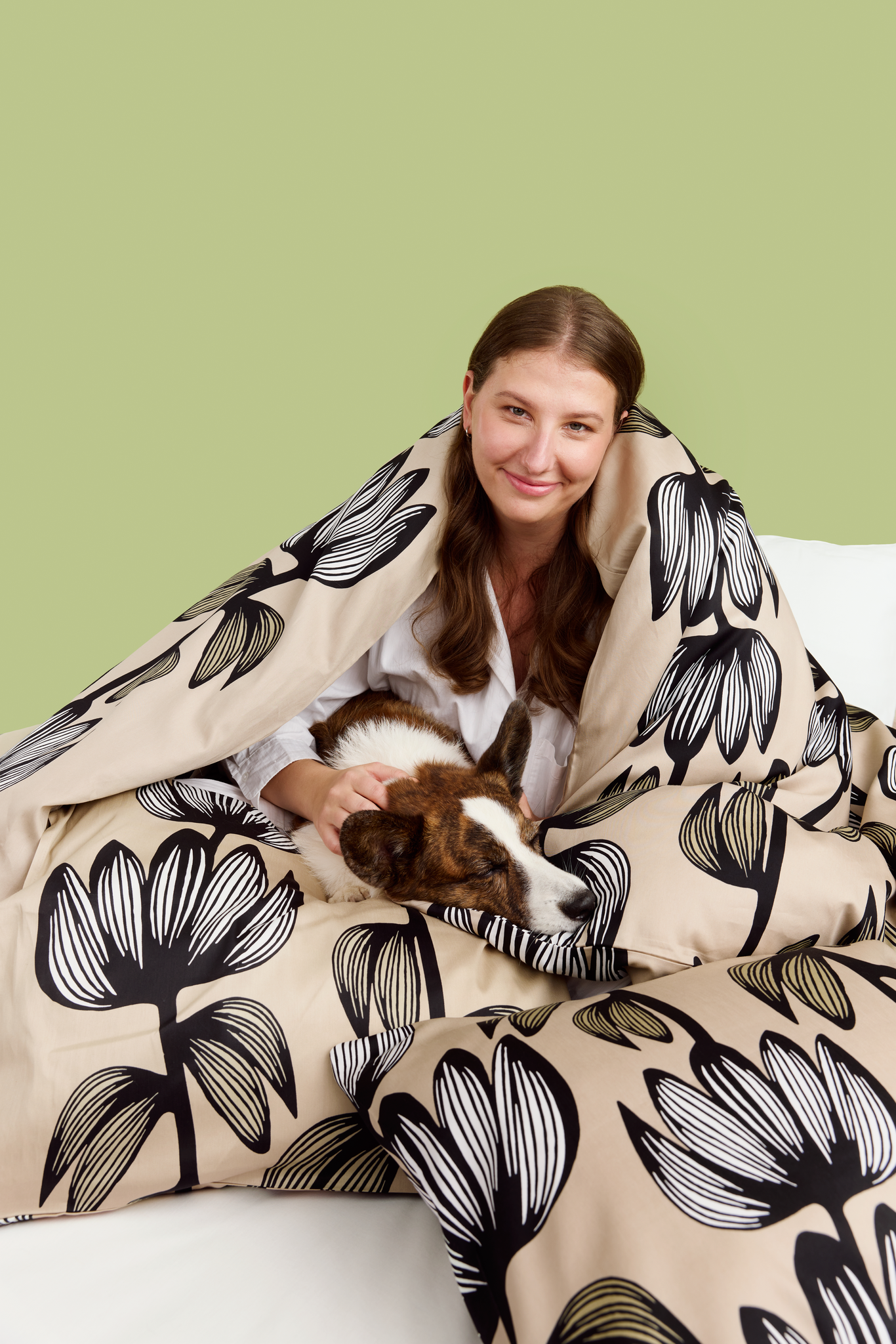 60712-4908-15-06_1; Finlayson Alma Sateen Duvet Cover Set Beige / Green / 150x210 + 50x60 cm 
