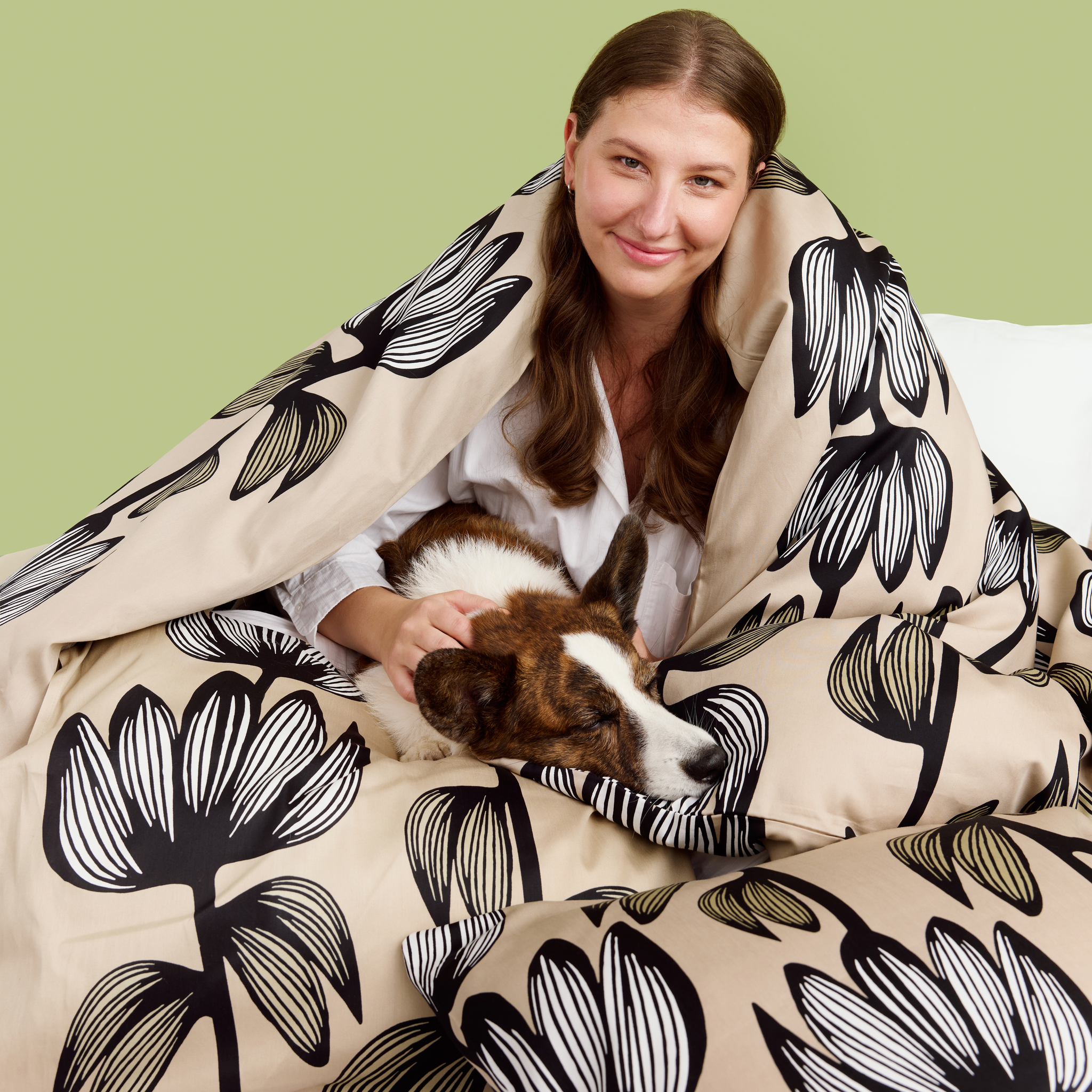 60138-4908-15-10; Finlayson Alma Sateen Pillowcase Beige / Green / 50x60 cm 